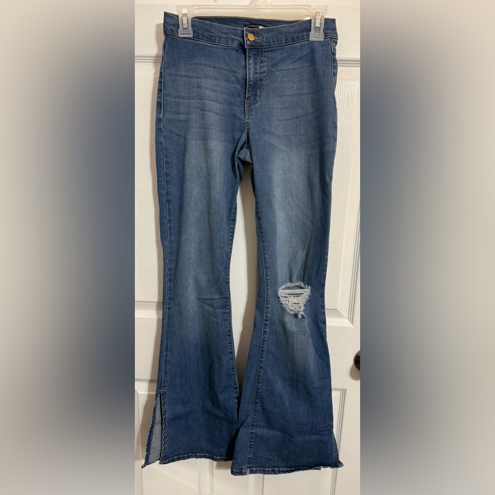 Fashion Nova Blue Distressed Flare Jeans